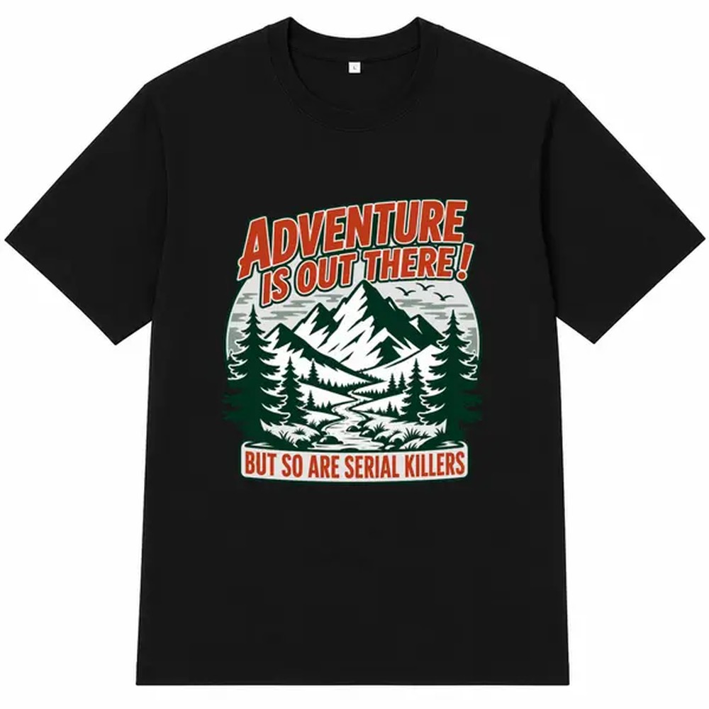 Outdoor Adventure Outfit - Czarna koszulka z nadrukiem przygodnickim, unisex,